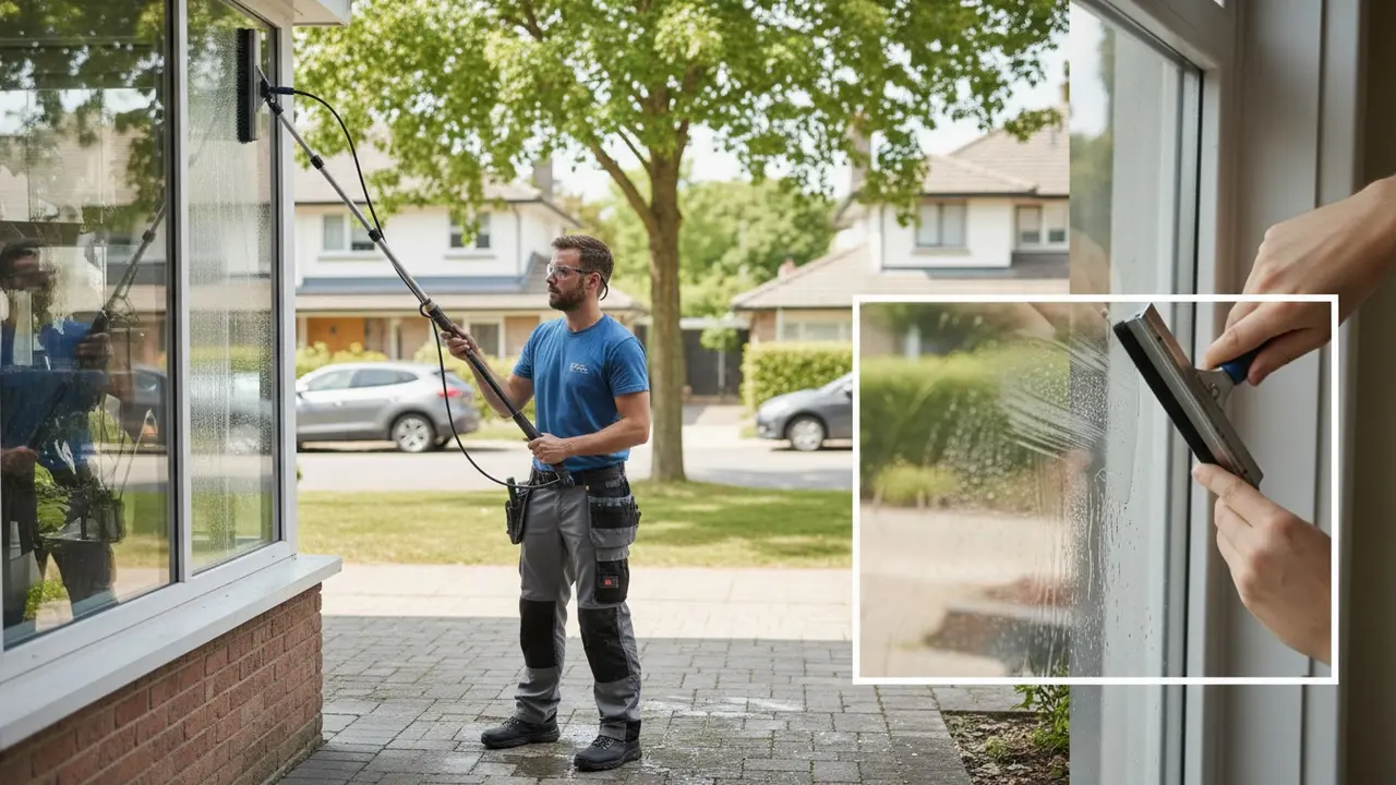 Person øver teknikken med teleskopstang og skraber på en let tilgængelig udendørs rude.
