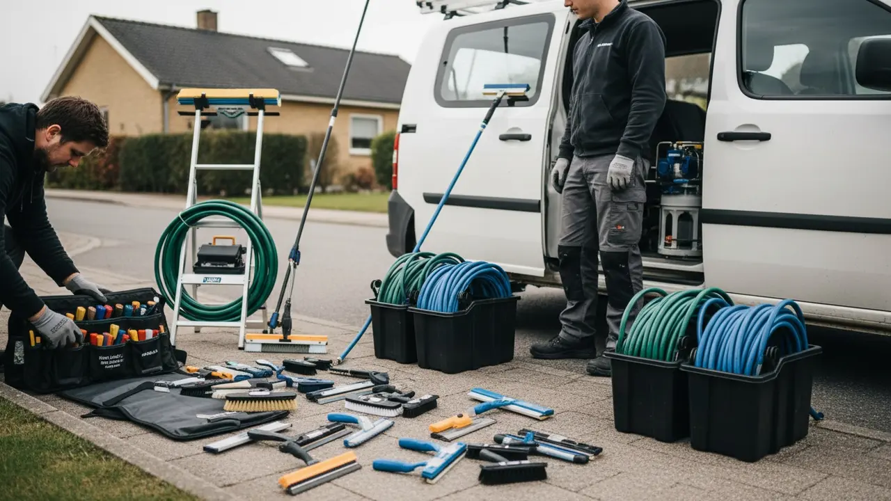Professionelt udstyr til vinduespudsning lagt op ved en varevogn: teleskopstænger, børster og rentvandsanlæg.