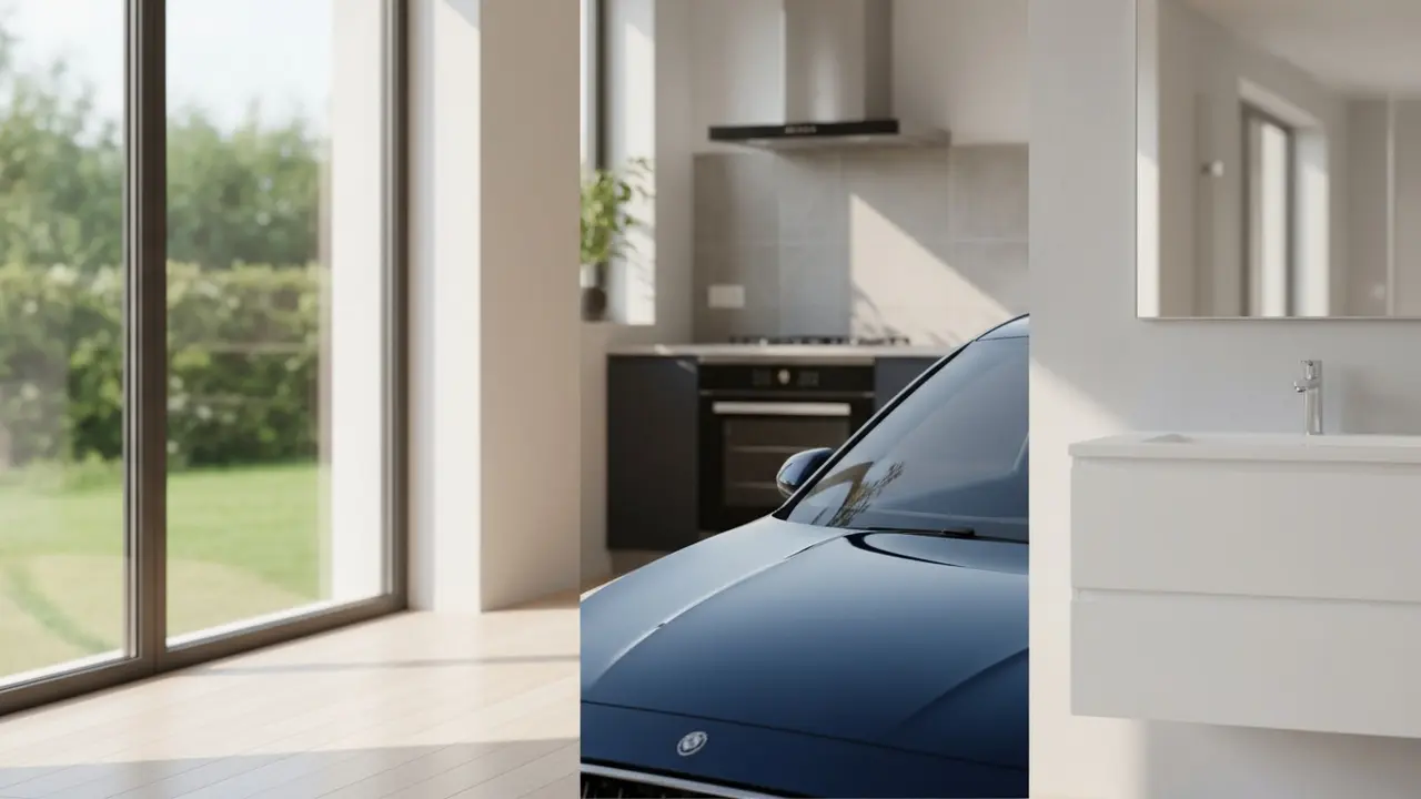 Forskellige glasoverflader: vindue, spejl, bilrude og brændeovnsrude i et hjem.