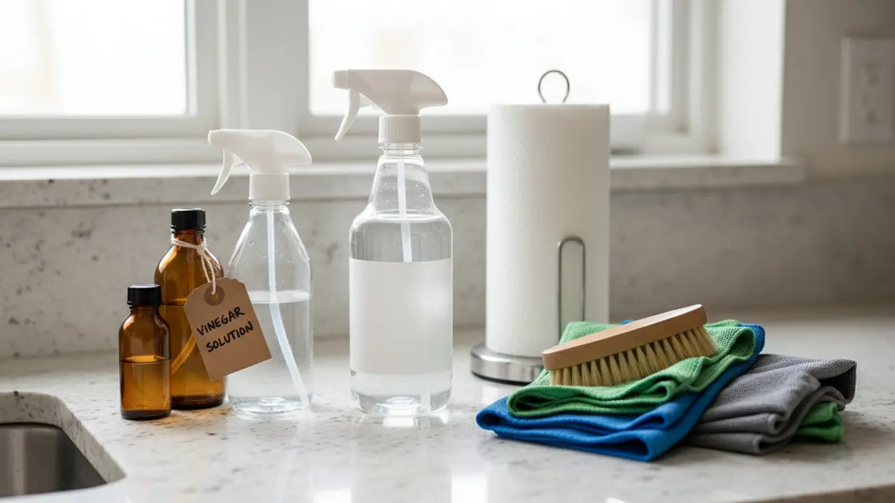 Nødvendigt rengøringsudstyr: glasrens, hjemmelavet flaske, mikrofiberklude og blød børste.