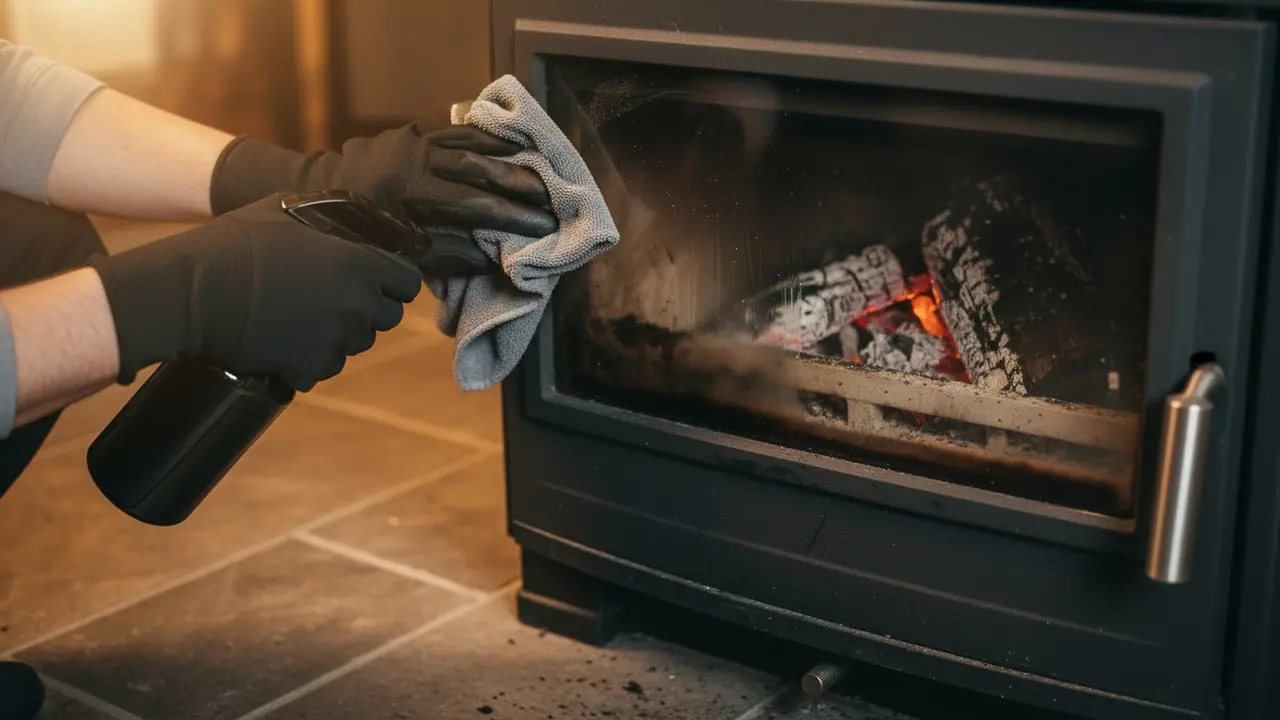 Person iført handsker pudser sodafsat brændeovnsrude med glasrens og mikrofiberklud.