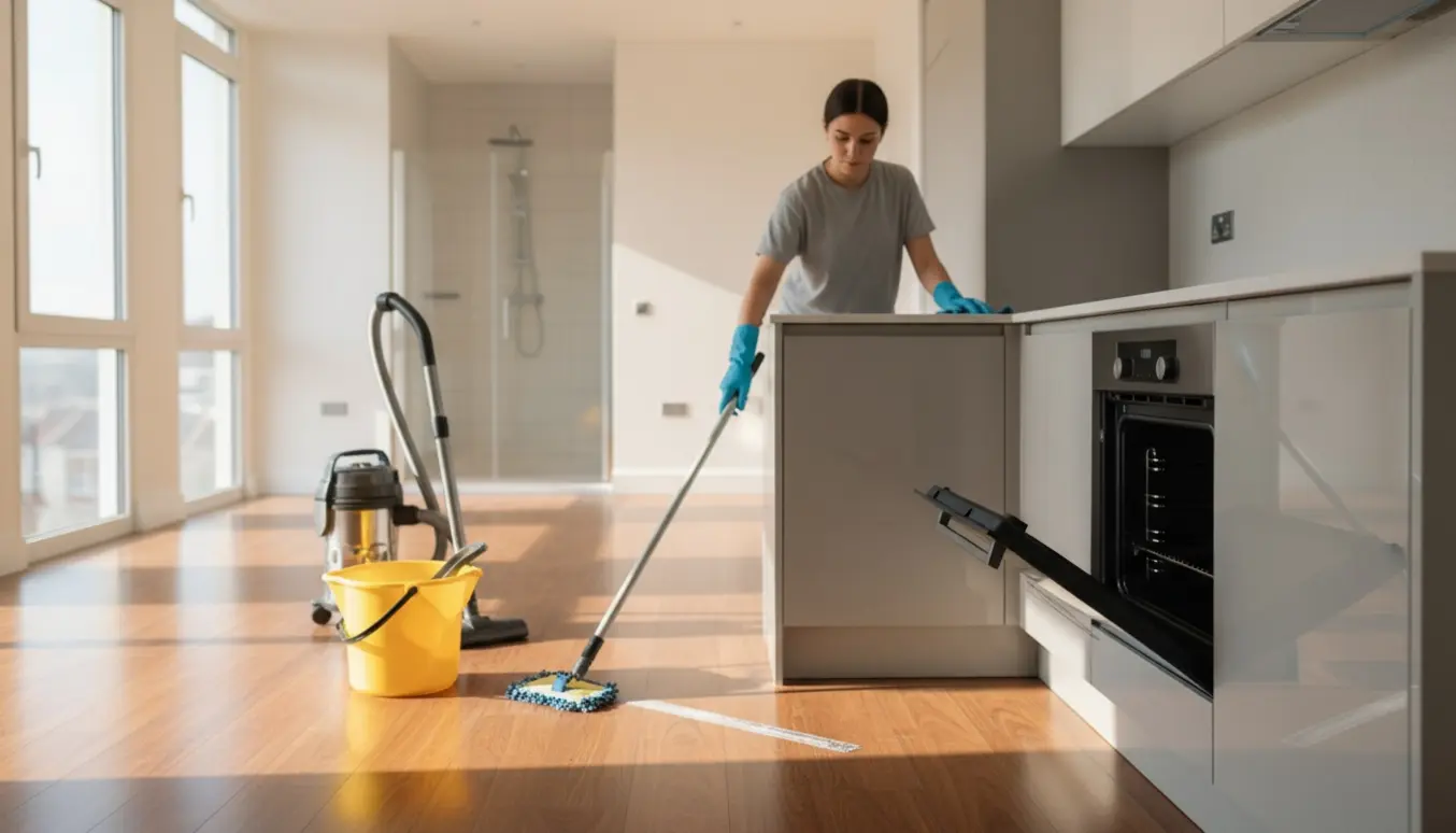 Professionel rengøringsperson moppegulv i en lys, tom lejlighed med skinnende køkken og badeværelse.