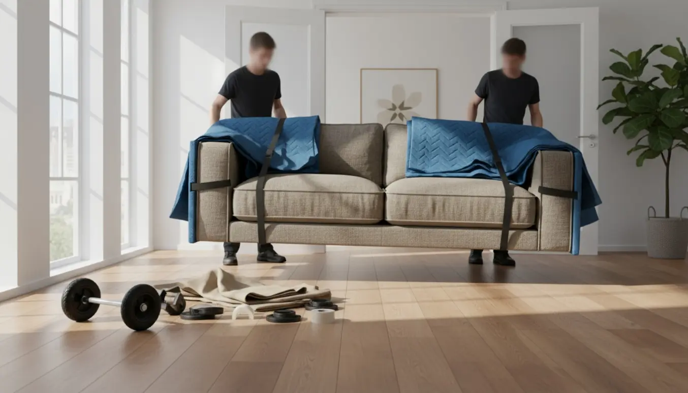 To personer bærer en Eilersen Baseline modulsofa gennem en lys stue, beskyttet med flyttetæpper og hjørnebeskyttere.