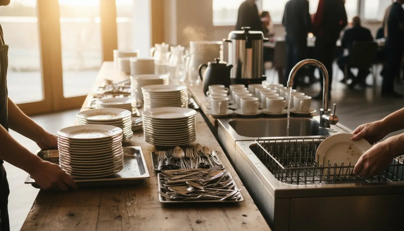 En serveringsperson samler tallerkener og bestik, fylder vandkander og stiller en kaffekande ved en opvaskestation.