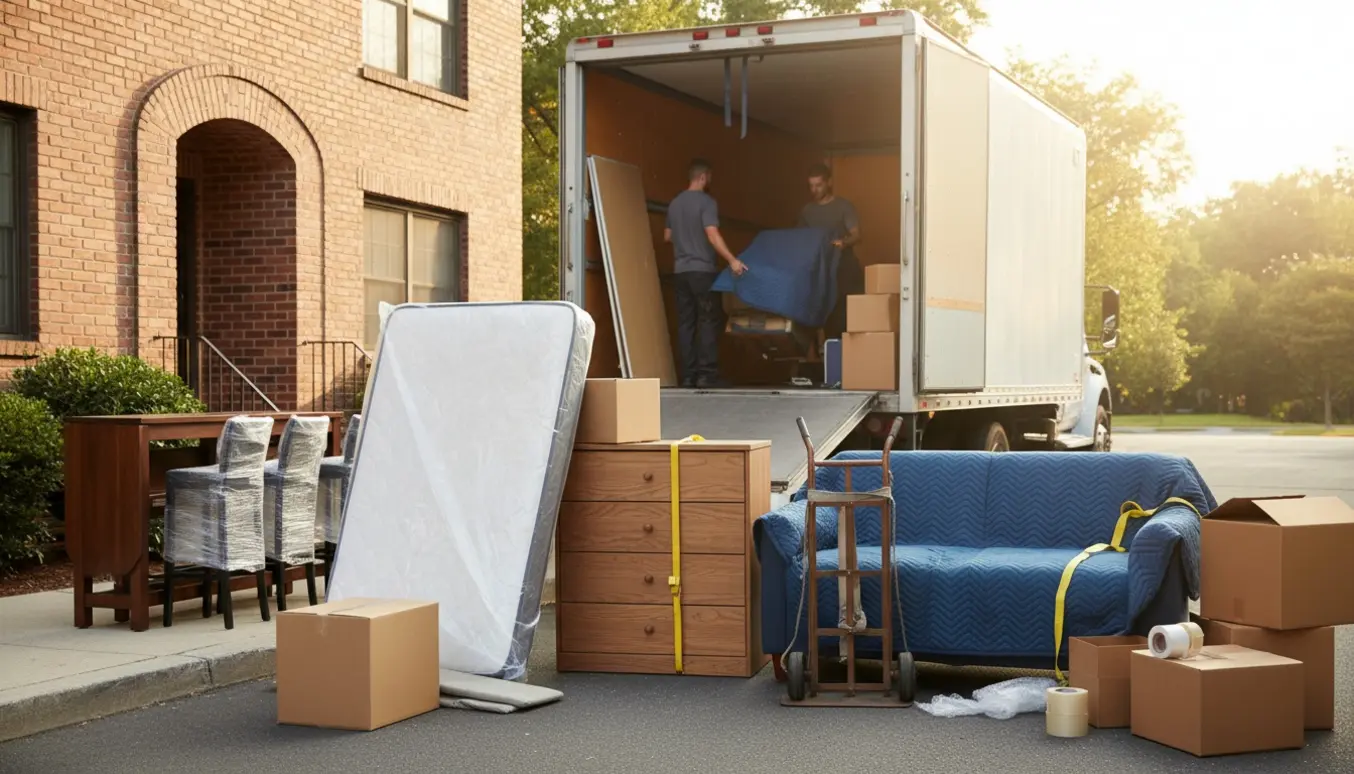 Åben flyttebil ved en lejlighed med indpakkede møbler og flyttekasser.