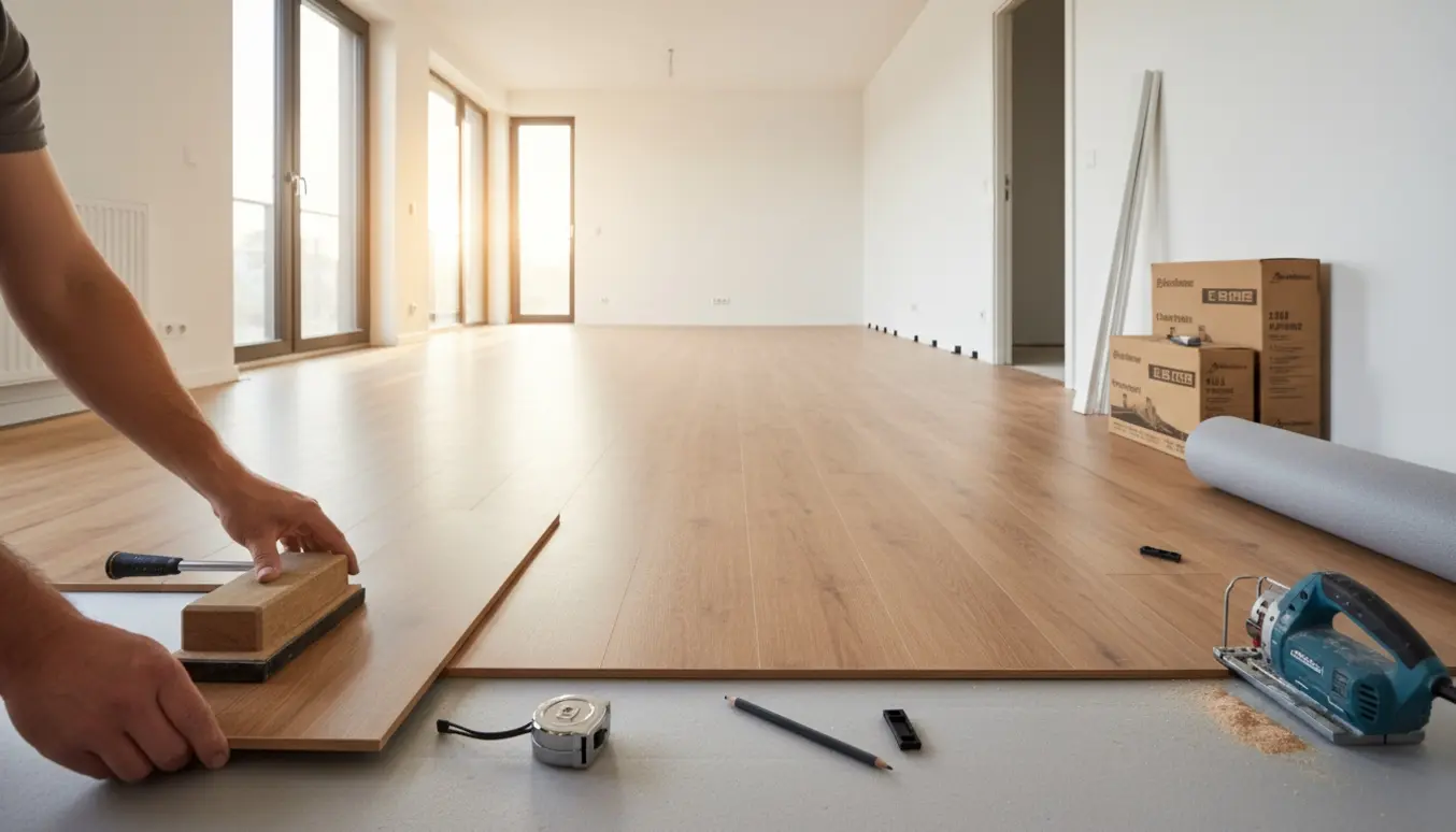 Nærbillede af montering af laminatgulv i nymalet lejlighed med planker og værktøj.