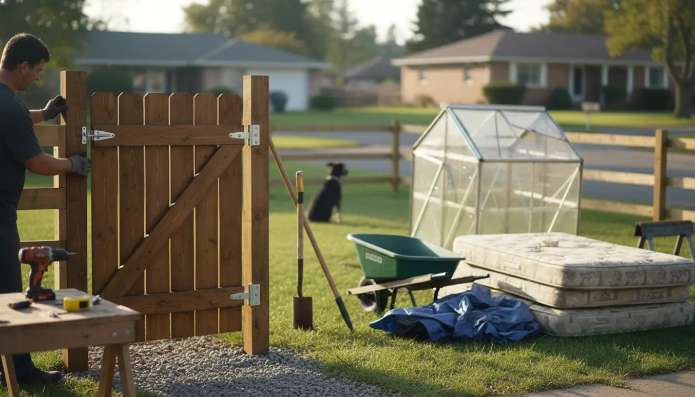 Set bagfra person monterer en havelåge i forhaven, mens et lille drivhus og madrasser er samlet ved fortovet til storskrald.