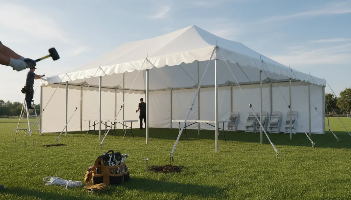 Et hold sætter et stort hvidt partytelt op på en græsplæne med stænger, barduner og værktøj i forgrunden.