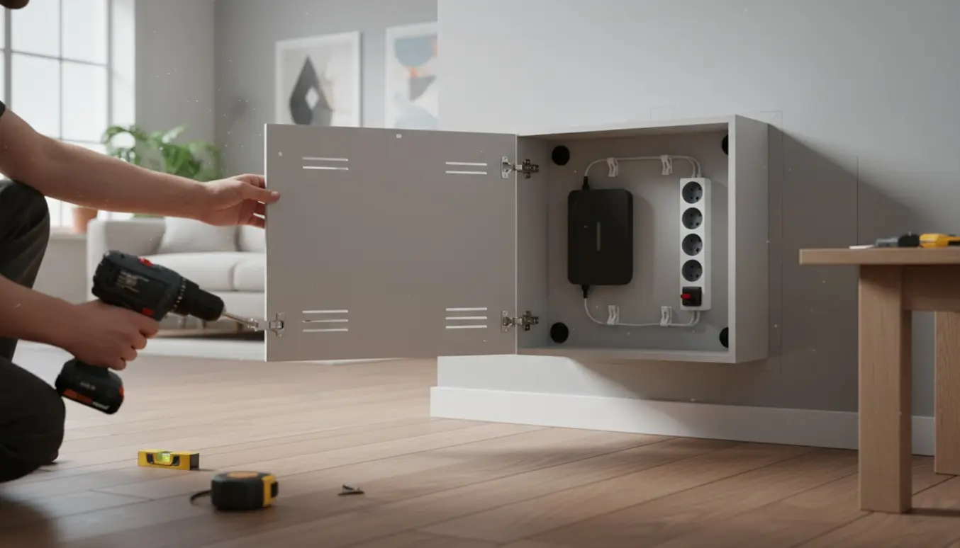 Hænder monterer et neutralt skab, der skjuler et el-apparat i en lys, moderne lejlighed.