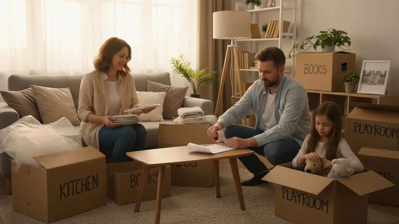 Familie pakker flyttekasser i stuen, blandede følelser men organiseret.