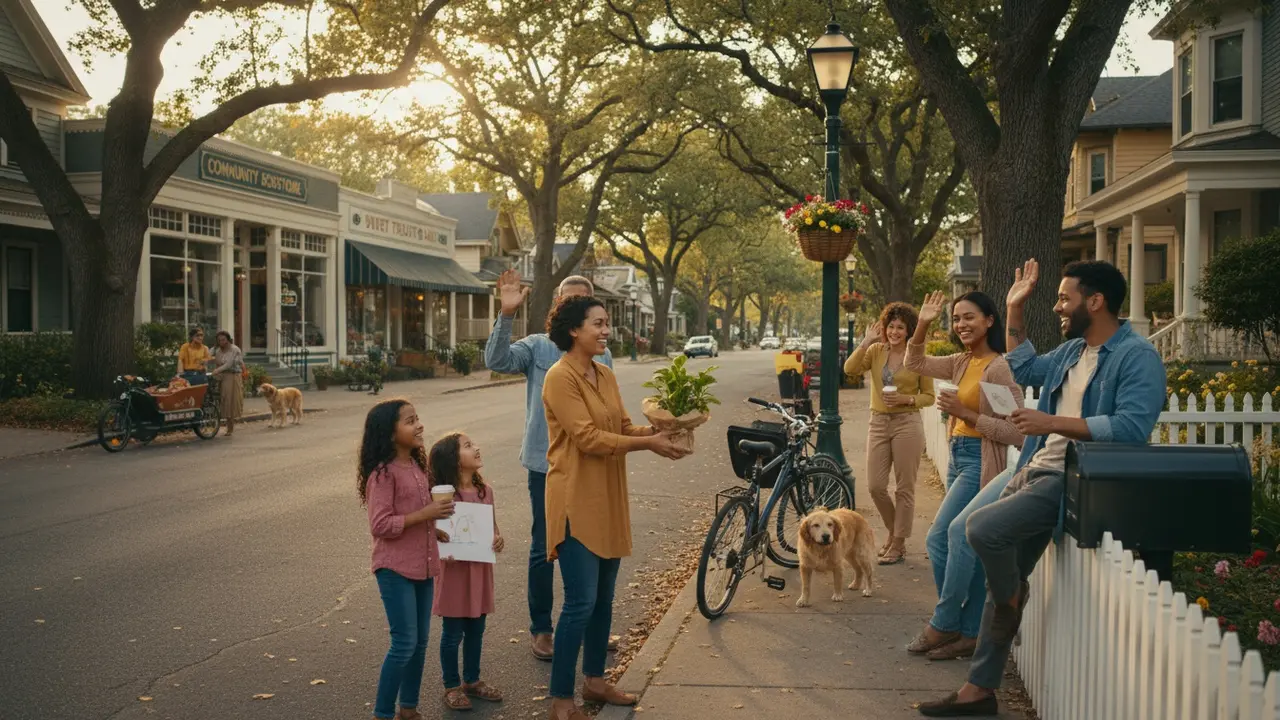 Naboer hilser på hinanden foran rækkehuse, venlig nabolagsatmosfære.