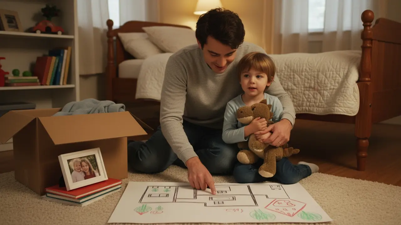 Forælder taler beroligende med barn om flytningen i børneværelse med yndlingsting.