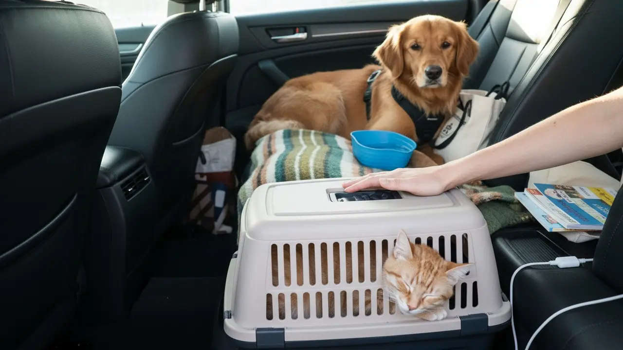 Rolig hund i sele og kat i transportkasse under sikker transport af kæledyr.