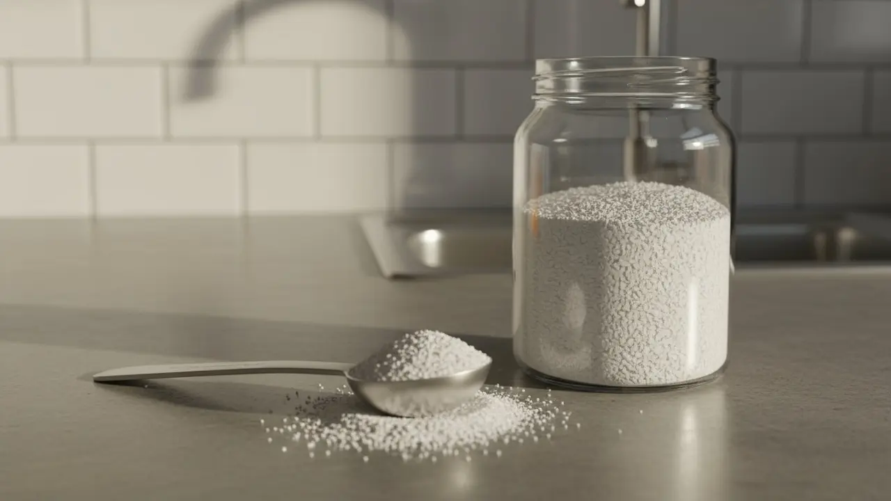 Åben beholder med skurepulver og en spiseske ved en køkkenvask