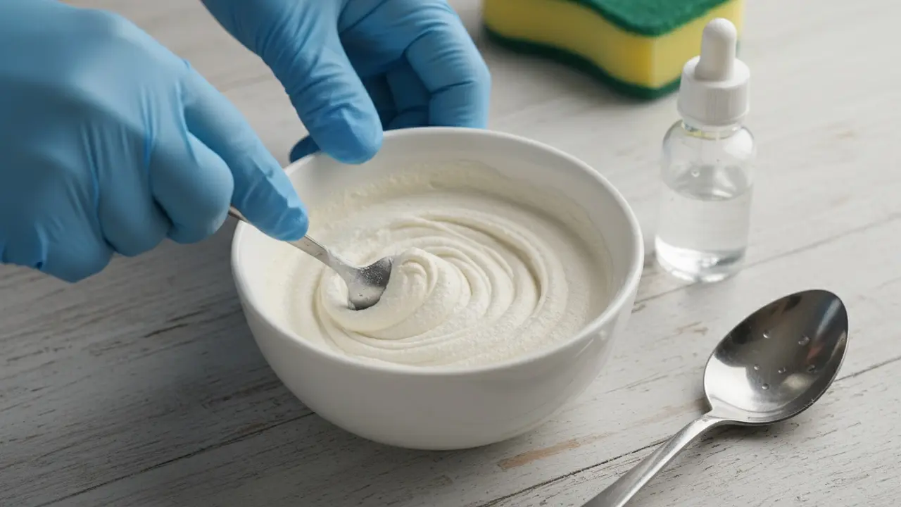 Hånd med handske rører skurepulverpasta i en lille skål