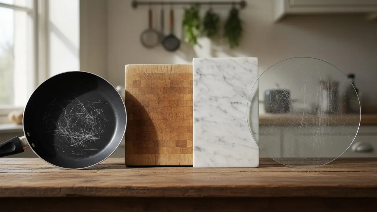 Overflader hvor skurepulver bør undgås: non-stick, træ, marmor og glas