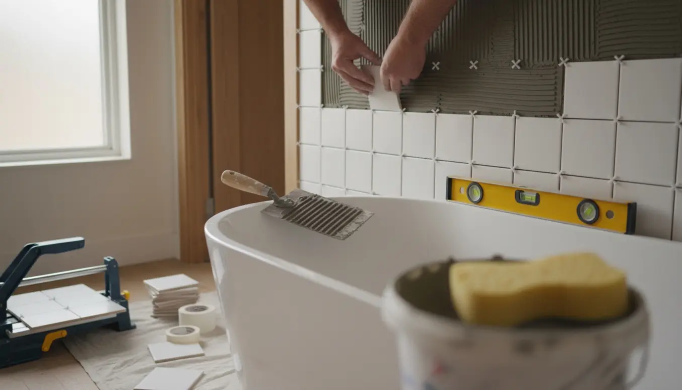 Nærbillede af hænder, der sætter små kvadratiske hvide fliser op på en badeværelsesvæg med flisekryds og værktøj omkring.