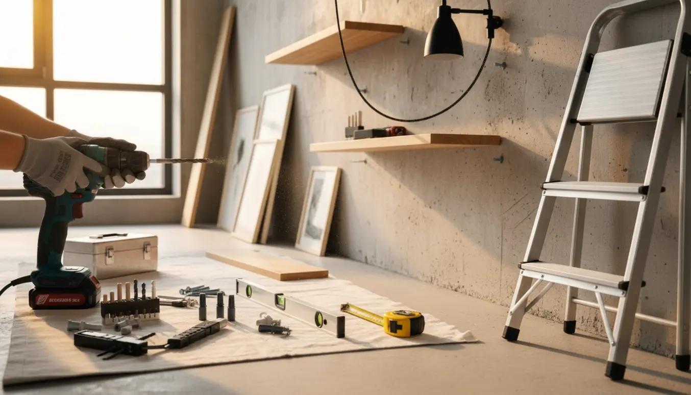 Nærbillede af montage af billeder, hylder og lamper på en betonvæg med værktøj og rawlplugs.