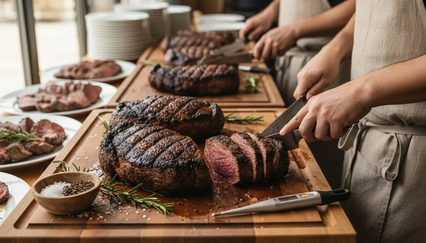 Grillet oksefilet med sprød stegeskorpe, hvor kokkehænder skærer saftige, medium-rare skiver ved en udskæringsstation til mange gæster.