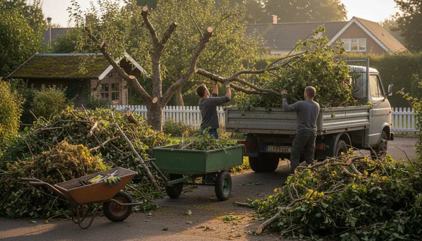 Store bunker af beskårede æbletræsgrene ved indkørsel mens en lastvogn læsser dem til afhentning.