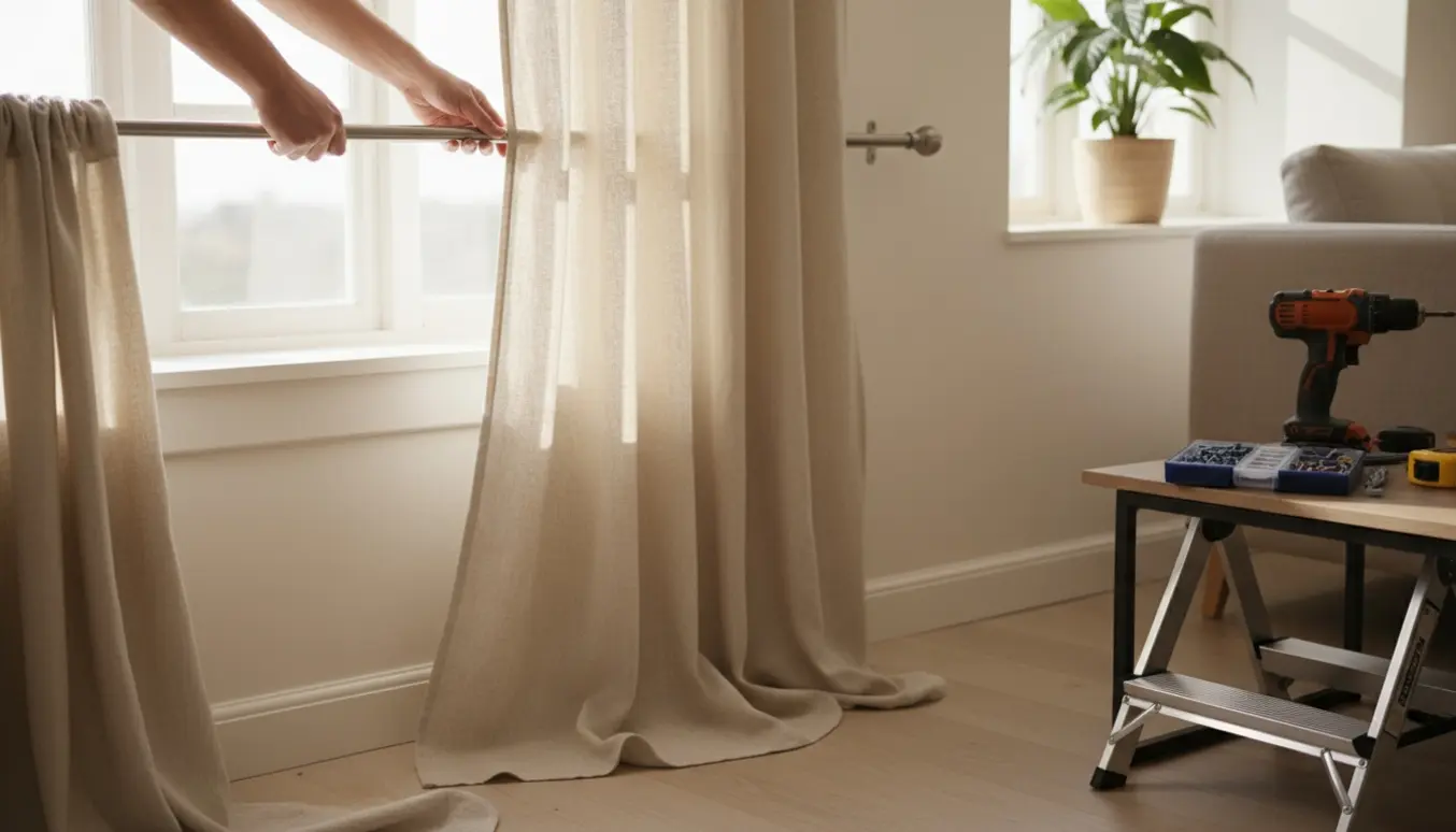 Hænder monterer en gardinstang over et vindue med værktøj og en lille stige ved siden af.