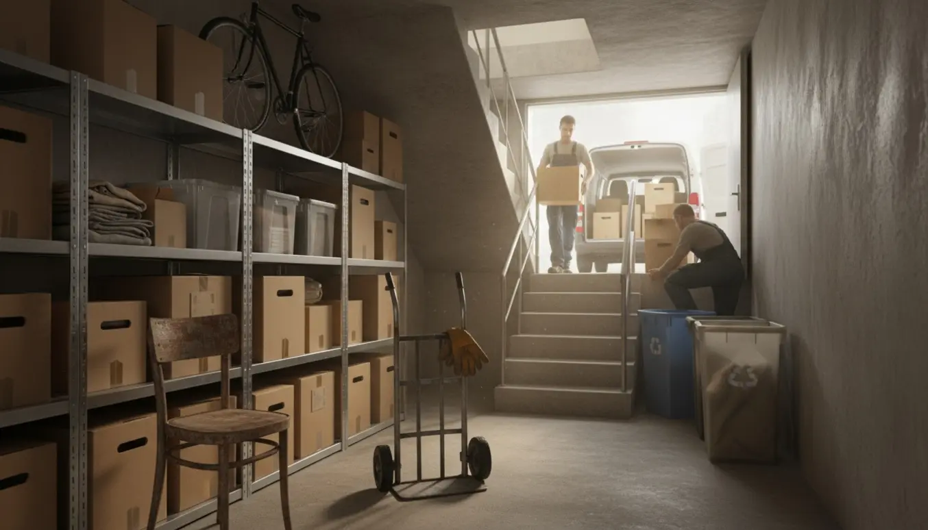 Kassed bunke og personer set bagfra, der bærer ting op ad en kældertrappe og sorterer dem ved en åben varevogn.