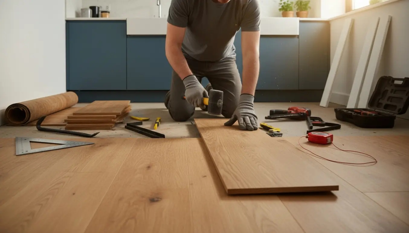 Håndværker lægger nyt trægulv i et lille køkken med planker og værktøj, uden synligt ansigt.