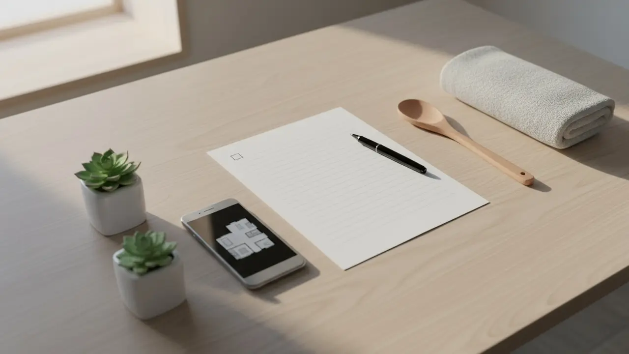 Flatlay af tjekliste og symboler for hjemmets rum på et træbord