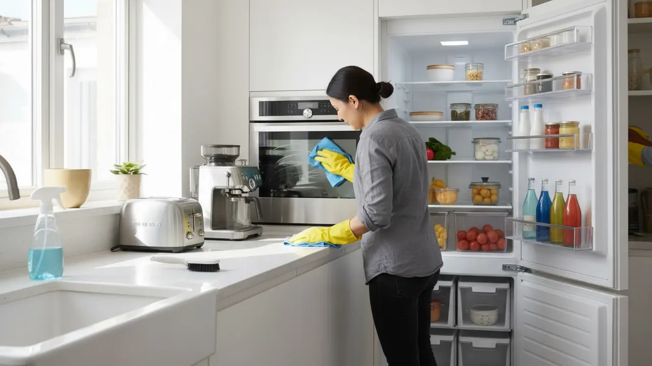 Person med handsker pudser ovn i køkken omgivet af rengjorte apparater