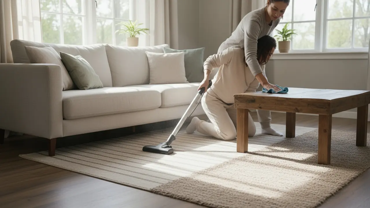 Stue hvor en person støvsuger tæppe og en anden aftørrer sofabord