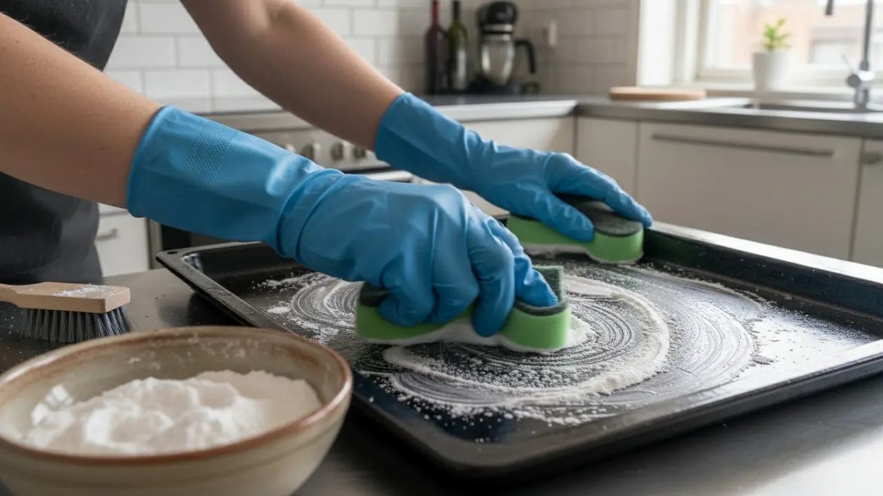 Hænder med handsker, der påfører sodapasta og skrubber en fedtet ovnplade
