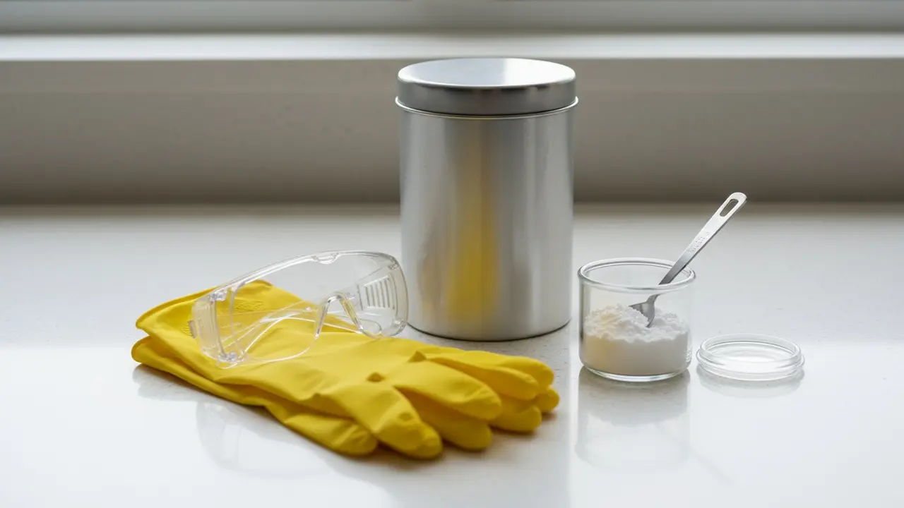 Opstilling af gummihandsker, beskyttelsesbriller og beholder med soda på bord