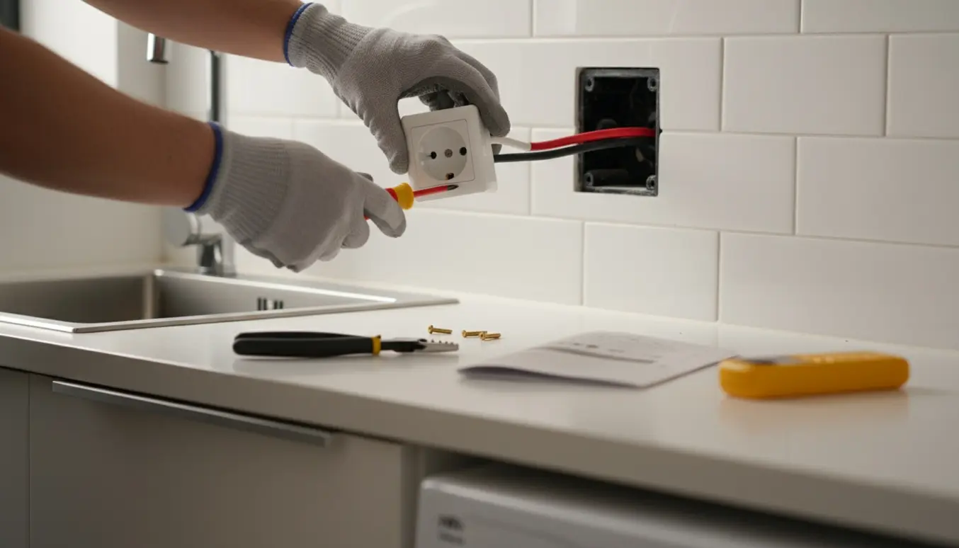 Hænder installerer en el-stikkontakt i et køkken ved siden af en vaskemaskine.