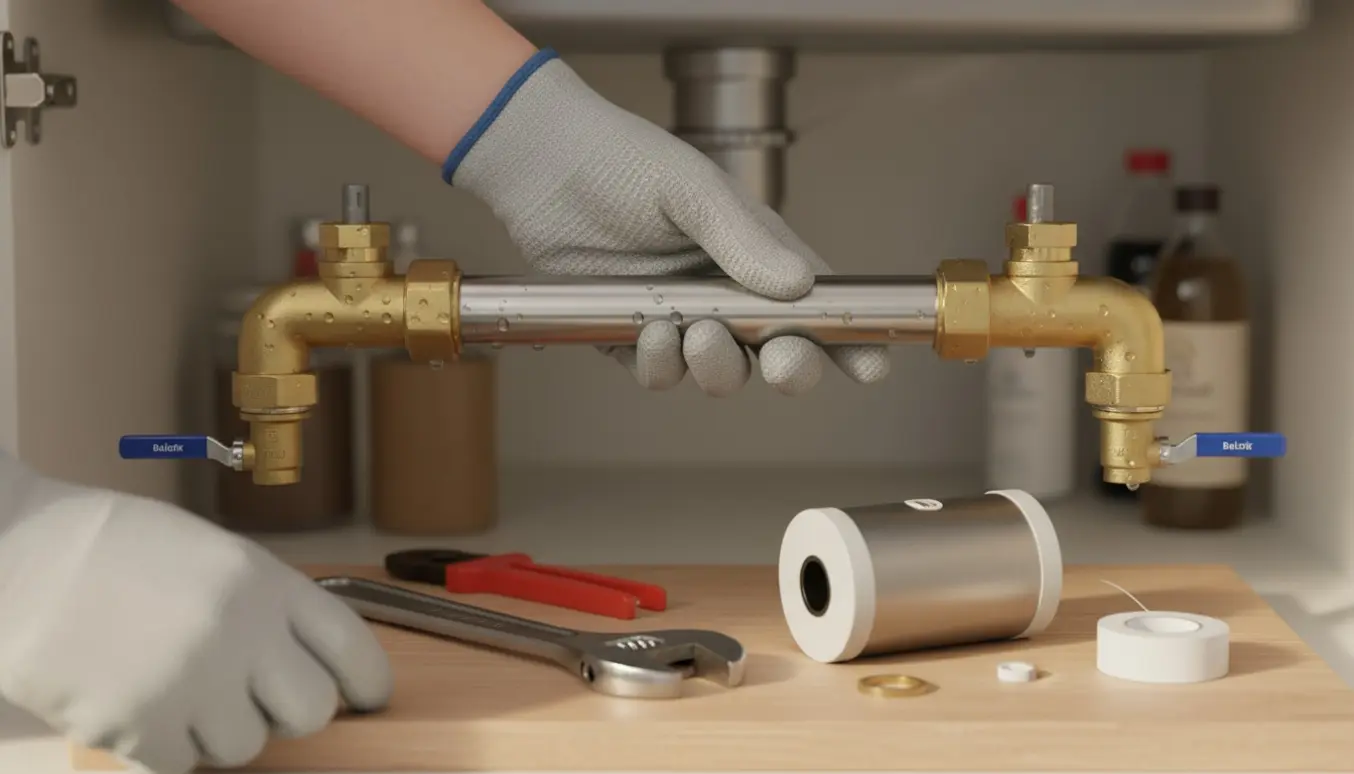 Nærbillede af VVS-arbejde under vask: et stålrør monteres mellem en Balofix-kompression og en vinkel med afspærringsventiler og værktøj.
