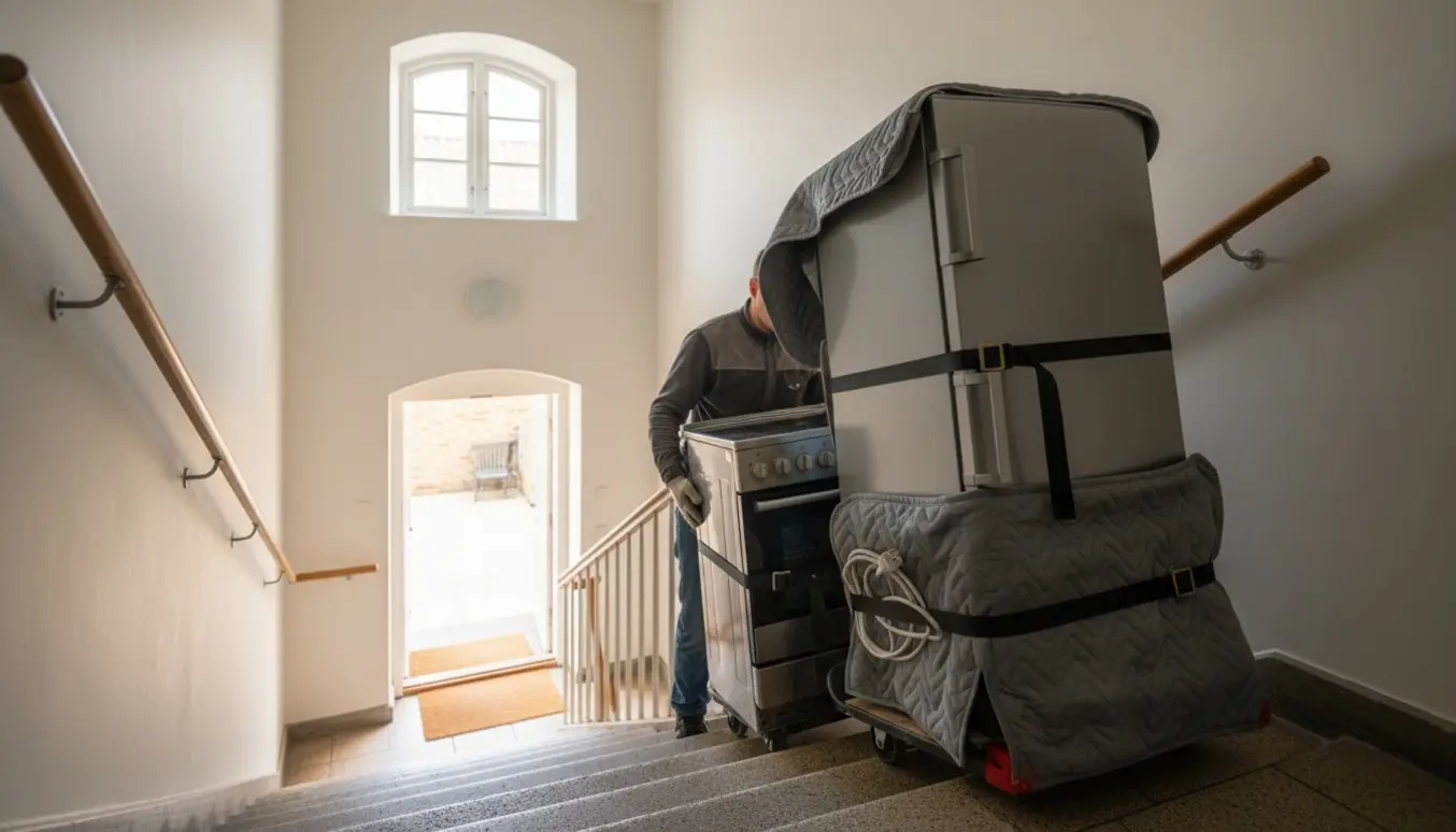 To flyttemænd fører et pakket køleskab og komfur ned ad en smal trappe i en dansk lejlighed.