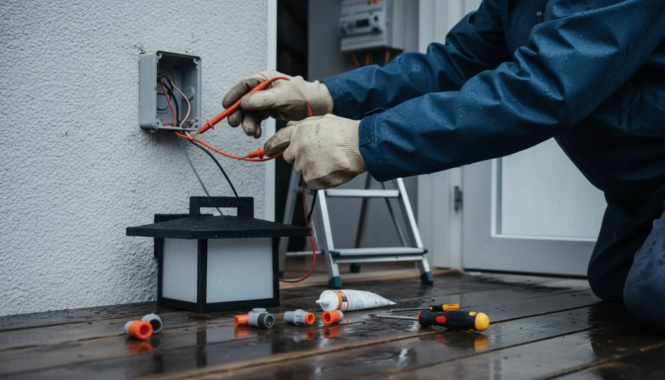 Gloved hænder tester udendørslampe med multimeter i regn for at finde årsag til et HPFI-relæ, mens en åben sikringsboks vises i baggrunden.