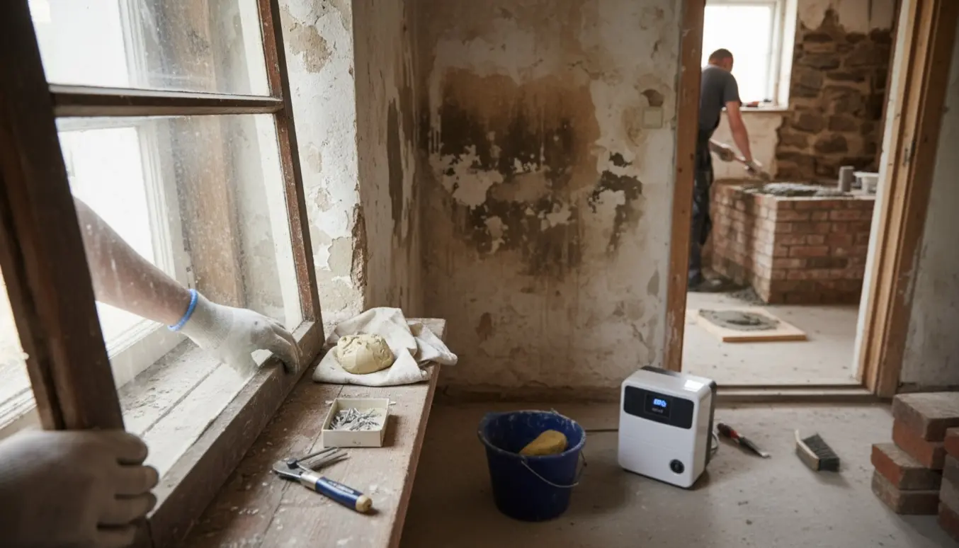 Murerreparation ved sokkel og udskiftning af en lille rude i en fugtig kælder.