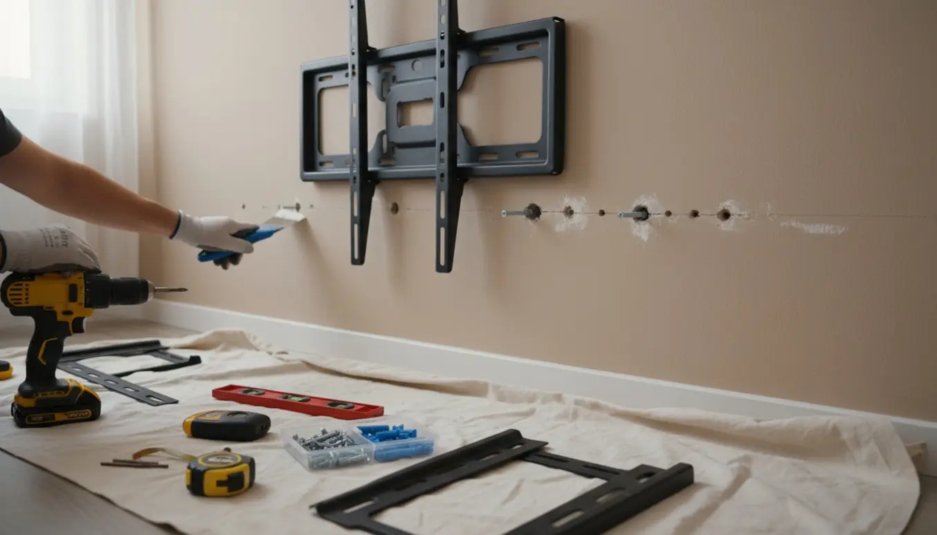 Værelse med TV-vægbeslag, synlige borehuller og værktøj klar til genmontering af fjernsynet.