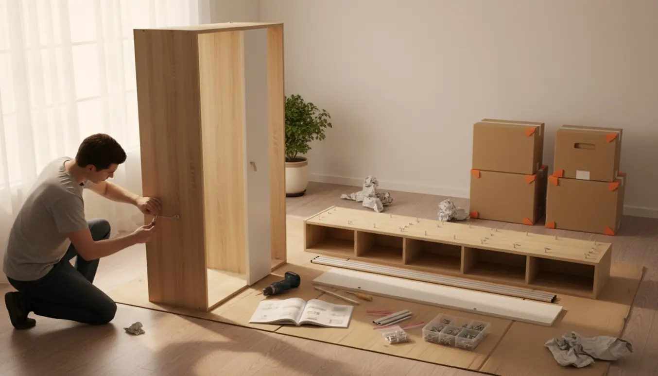 Delvist samlet garderobe og reol med flatpack-dele og værktøj i et lyst, ryddeligt rum.