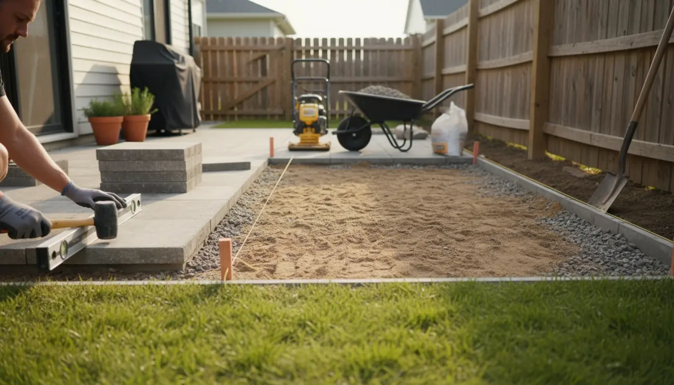 Delvist anlagt flisebelægning ved husets side med værktøj og forberedt underlag til grillområde.