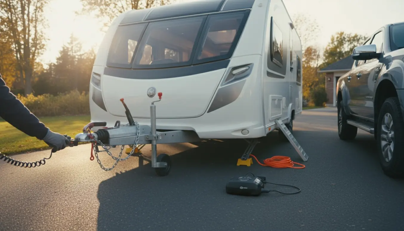 En mid-size campingvogn kobles til en trækker på indkørslen ved gyldent sollys.