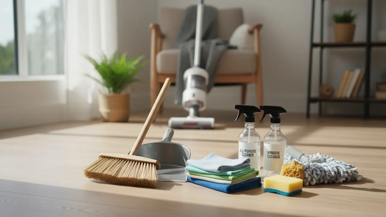 Oversigt over essentielle rengøringsartikler pænt arrangeret i et hjemmemiljø