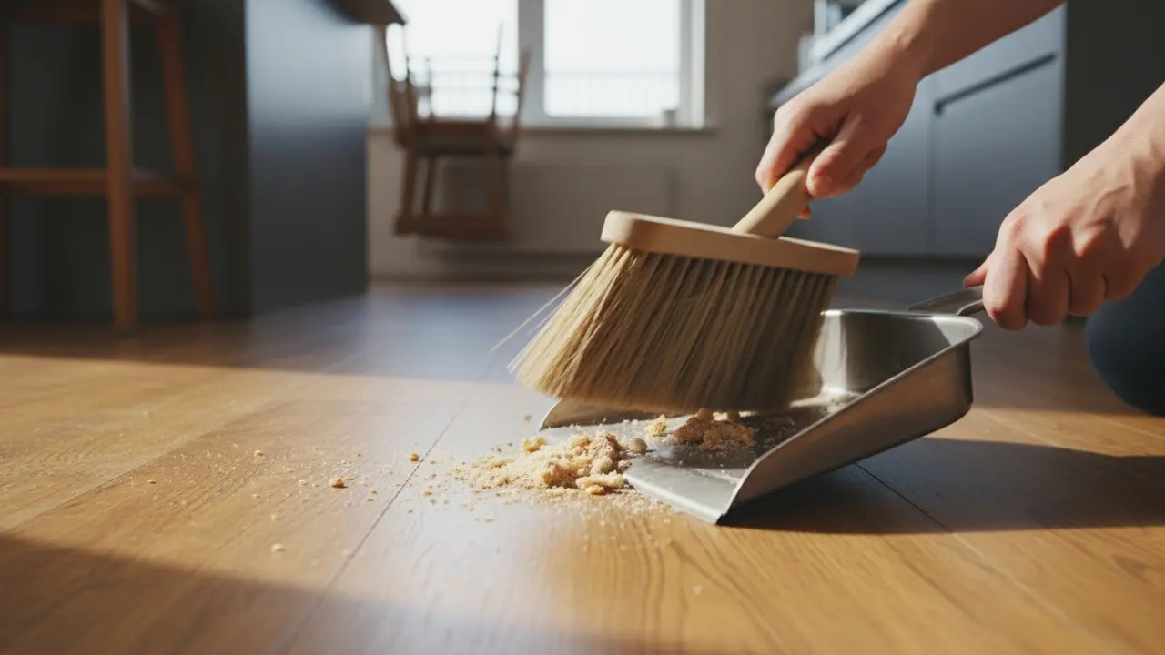 Person fejer smuler op i en fejebakke på trægulv