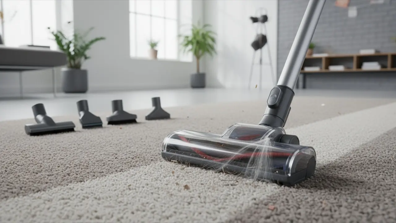 Støvsuger i aktion på tæppe med synligt hår og støv der suges op