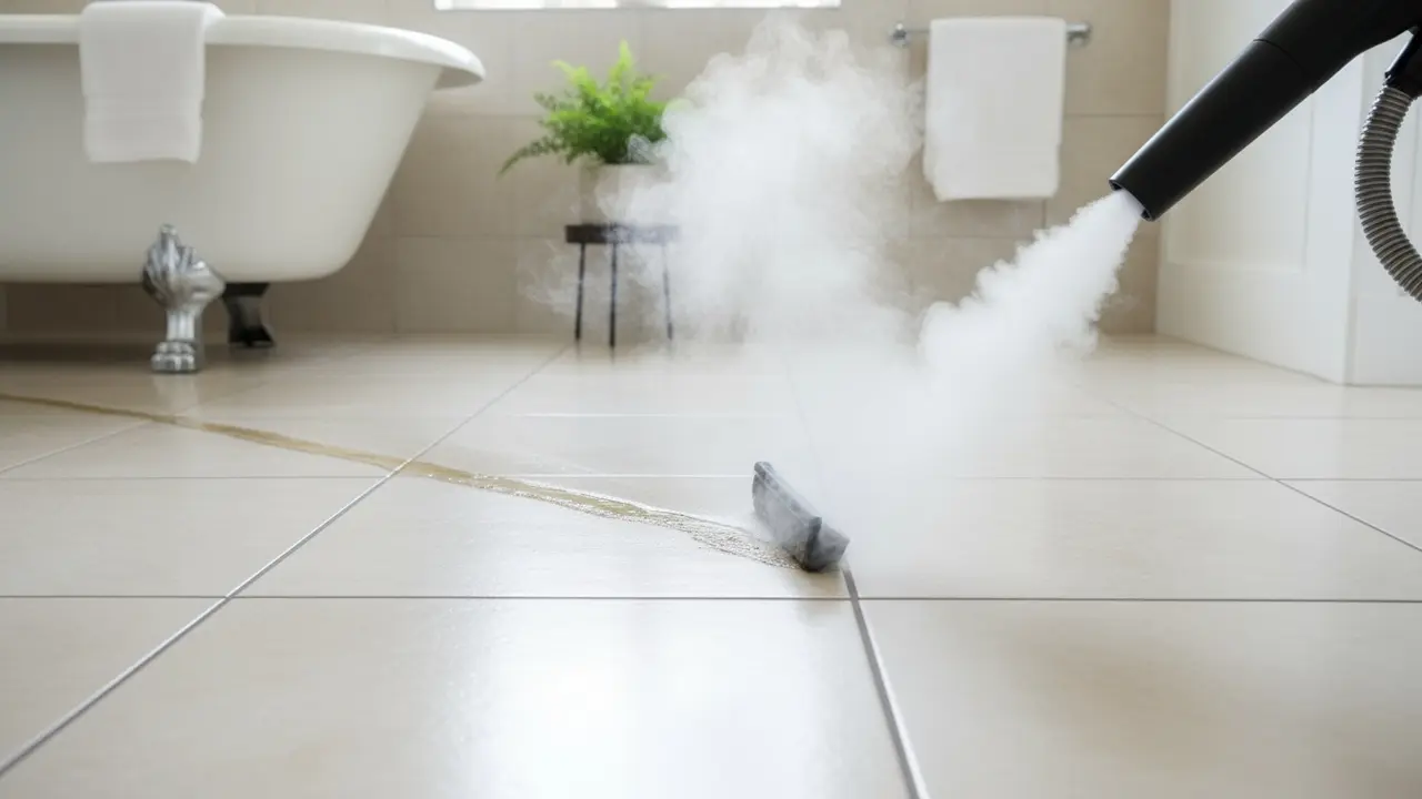 Damprenser fjerner snavs fra flisefuger med synlig damp