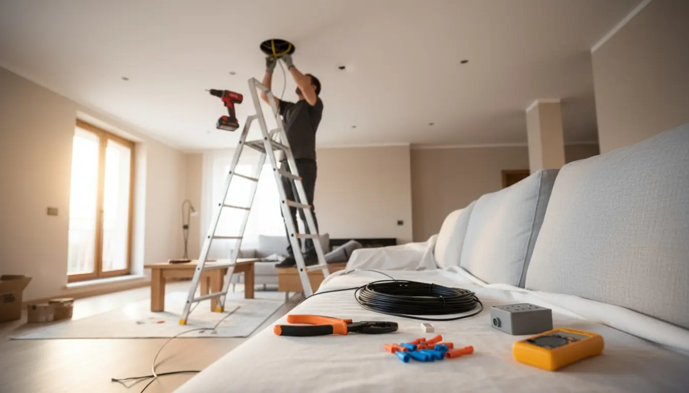 Elektriker trækker ledning til indbyggede spots i en stue med værktøj og loftudskæringer i fokus.