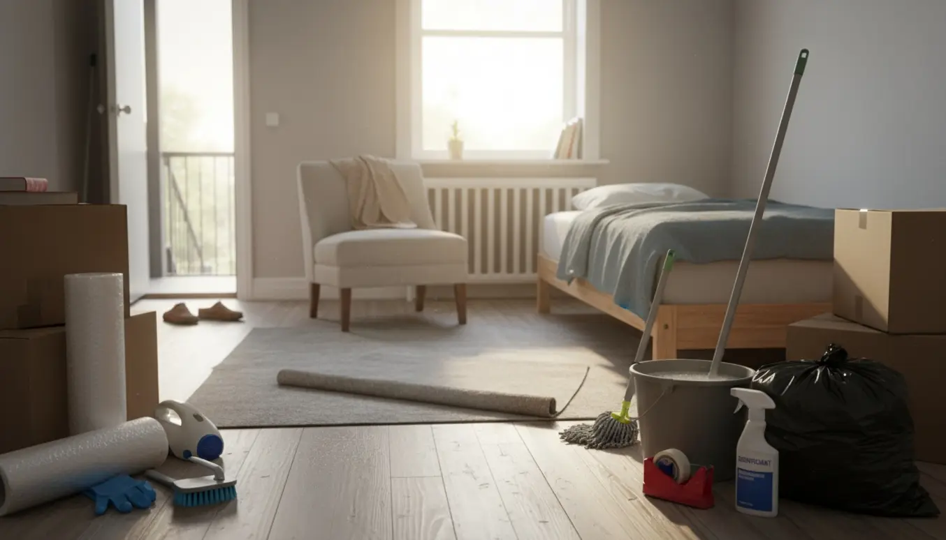 Sparsommelig lejlighed med flyttekasser og rengøringsudstyr i morgensol, klar til hovedrengøring.