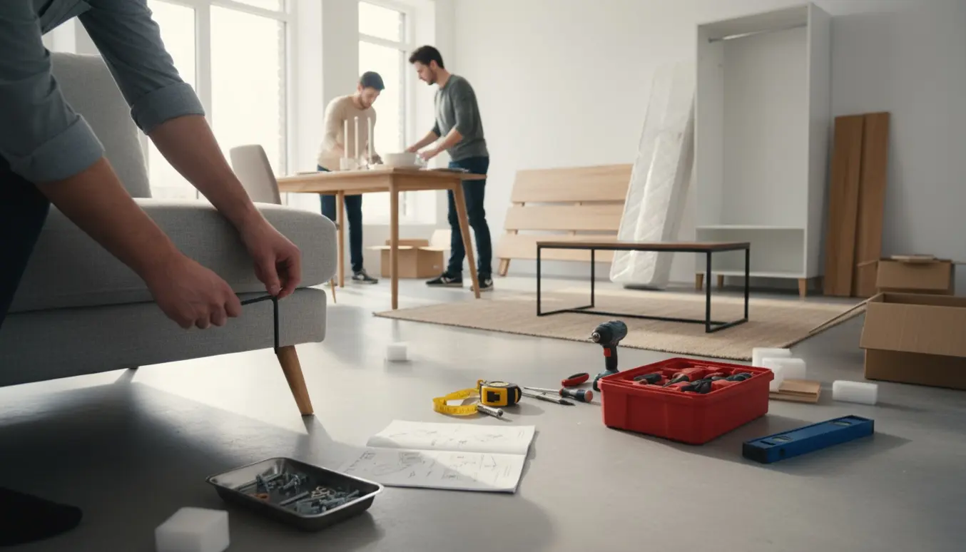 Hænder samler møbler i et lyst hjem: sofa, seng, spisebord, skab og sofabord omgivet af værktøj og papkasser.