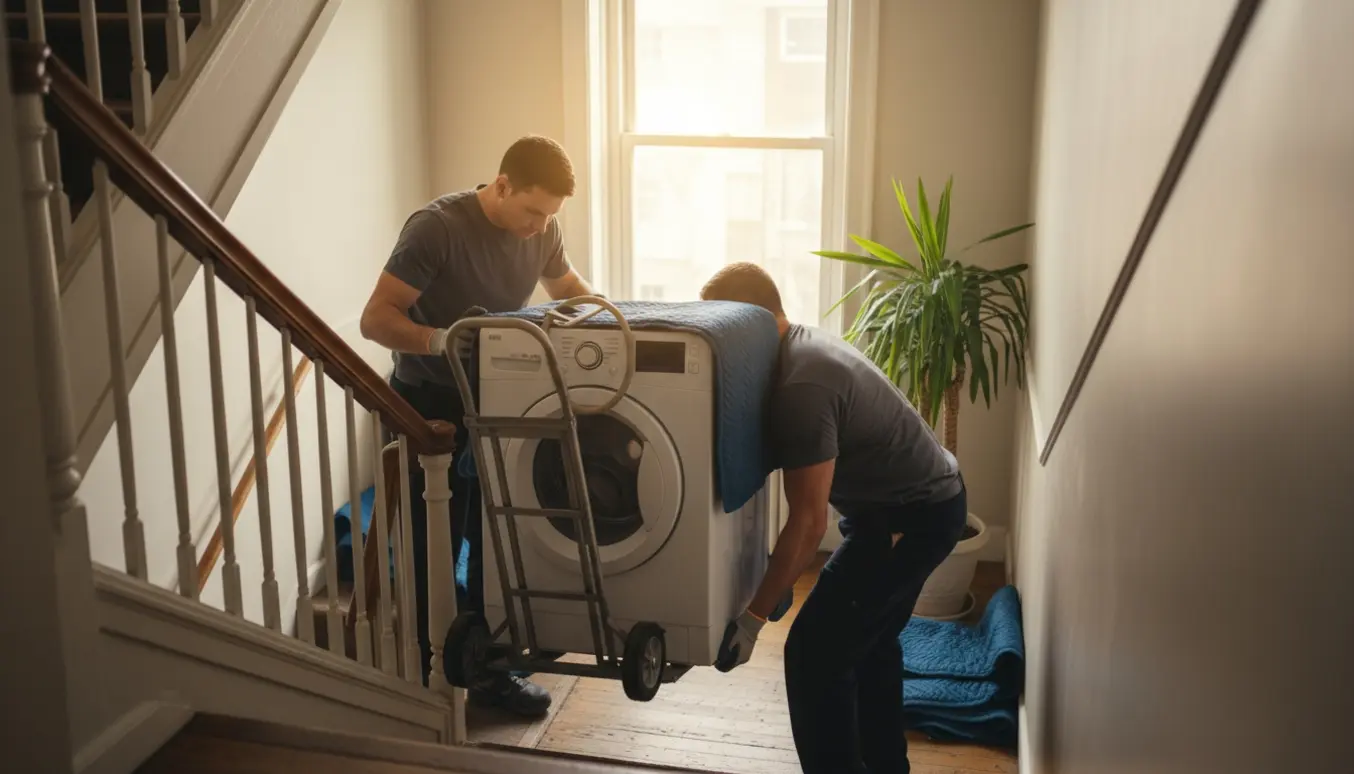 To personer bærer en gammel vaskemaskine ned ad en lejlighedstrappe med flyttematerialer.
