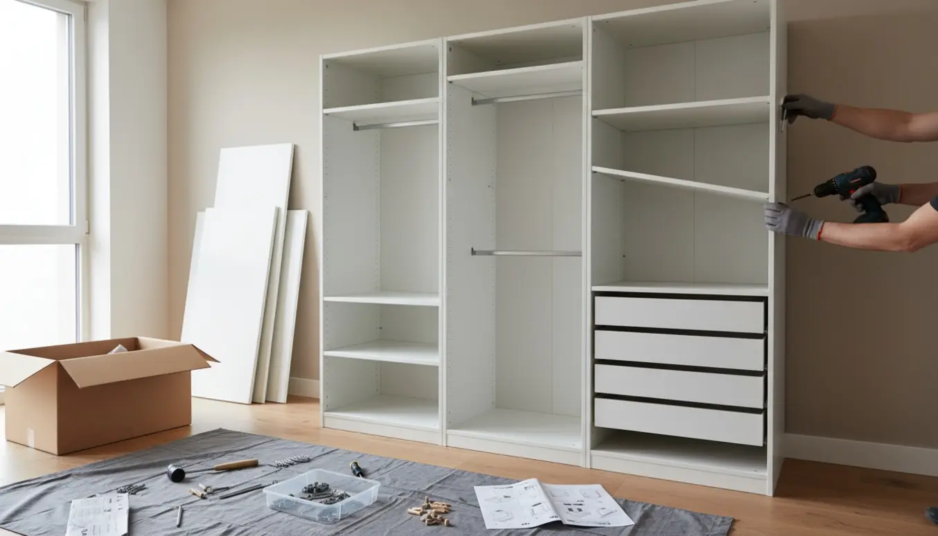 Åbent Pax-garderobeskab under samling med hænder og værktøj, uden synlige ansigter.